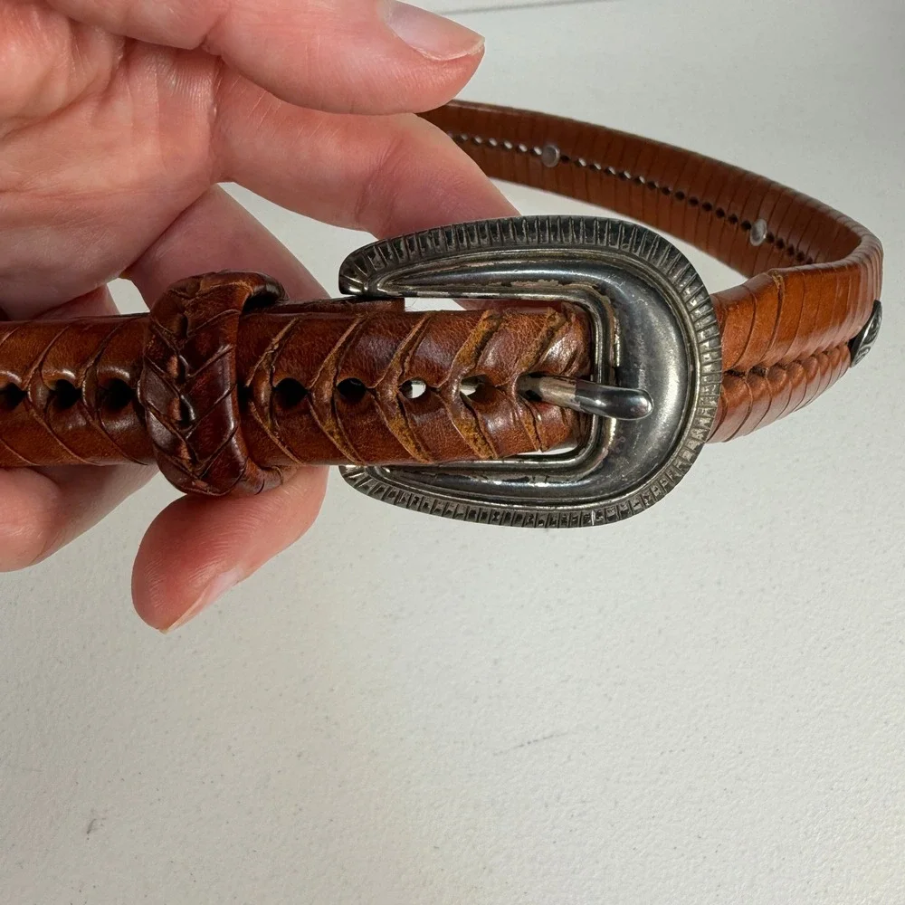 Vtg 90s Sz 36 Leather Belt Western Concho Braided Whipstitch Brown‎ Woven Boho